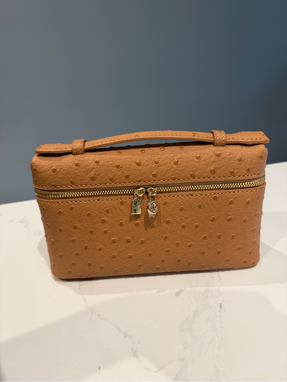 Ostrich Tan Mini Vanity Case bag with Top Handle and crossbody strap.